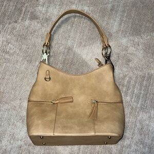 Perfect! Light Tan Faux Leather Hobo Purse with Floral Interior Design.